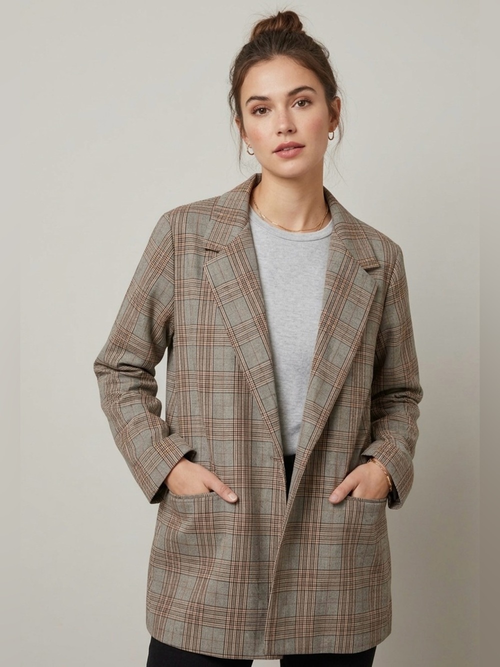 POL Oversized Single Breasted Button Plaid Boyfriend Blazer Relaxed Size M